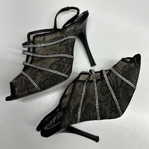 Rene Caovilla High Heel Shoes Peep Toe Slingbacks Sheer Lace Rhinestone 36.5